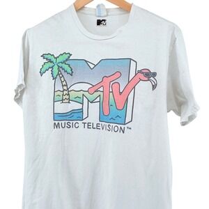 MTV Music Television Flamingo Palm Tree Graphic T‎ Shirt White Large